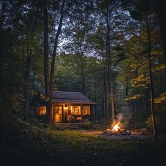 Illuminated Cabin in a Dark Forest at Night