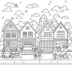Obraz premium A neighborhood block party with games and fun, coloring page for kids, simple outline illustration. Coloring book, simple lines.