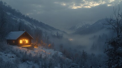 Fototapeta premium Serenity in the Mountains: Cozy Cabin Amidst Winter Fog