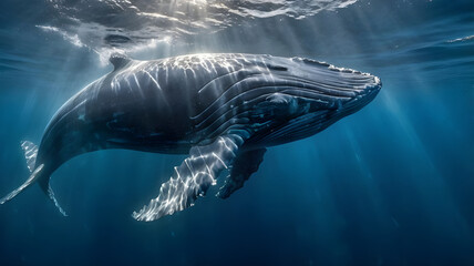 A blue whale submerged just beneath the surface of the water, with only the top of its enormous back visible.Ai