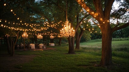 Obraz premium Outdoor Wedding Reception Illuminated by Beautifully Designed Chandeliers and String Lights, Set Amidst Lush Greenery and Tranquil Surroundings at Dusk or Night