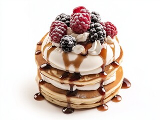 stack of fluffy pancakes drizzled with maple syrup and topped with berries isolated
