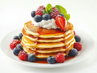 stack of fluffy pancakes drizzled with maple syrup and topped with berries isolated