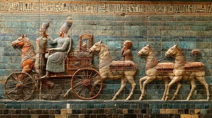 Ceremonial Procession in Ancient Babylon: A Stunning Depiction of Chariots and Figures Moving Through the Historic Streets