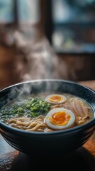 steaming bowl of ramen with rich broth, soft-boiled egg, tender pork slices, and fresh green onions