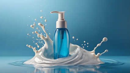 Transparent and blue bottle with white dispenser for beauty products and body care around milk splashes on blue background