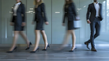 Obraz premium Businesspeople in Motion, Professionals Walking through Modern Office Hallway, Representing Corporate Success and Teamwork
