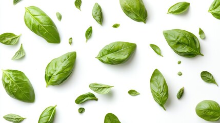 Fresh Green Basil Leaves Spread on a Clean White Background, Perfect for Culinary or Herbal Themes in Stock Photography