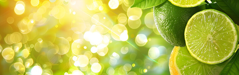 Fototapeta premium Bright Yellow Lemons with Their Green Leaves, Framed by Lush Greenery and a Serene Blurred Bokeh Background