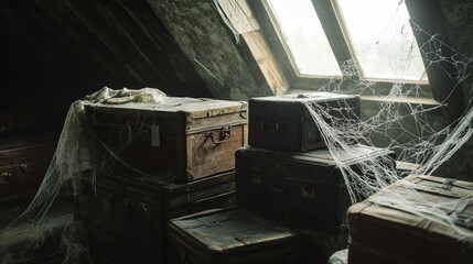 Dusty Attic Filled with Old Trunks Covered in Cobwebs, a Photographer's Dream of Forgotten Treasures and Hidden Stories Waiting to be Discovered