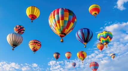 Obraz premium Vibrant Hot Air Balloons in a Bright Blue Sky During a Colorful Festival with Multiple Balloons Creating a Stunning Aerial Display