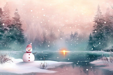 Obraz premium An illustration of a Snowman, the Christmas tree, reindeer, snowflakes, and baubles on soft white background during Christmas time. 
