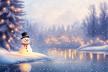 Fototapeta premium An illustration of a Snowman, the Christmas tree, reindeer, snowflakes, and baubles on soft white background during Christmas time. 