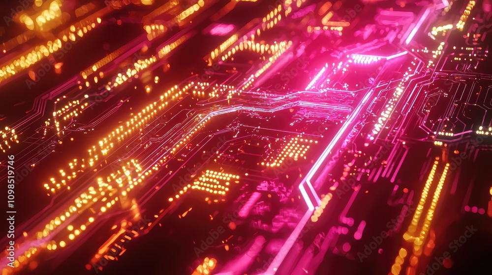 Poster Abstract View of Digital Circuitry with Lines of Light Creating a Vibrant Display of Colorful Patterns and Connections in a Modern Technology Concept