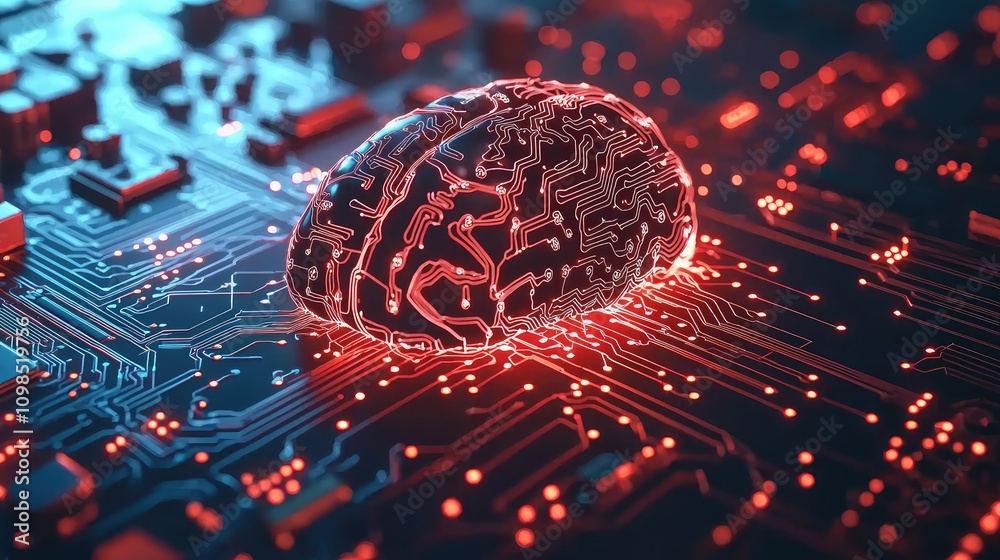 Poster intricate digital chip design with lines of light displaying an artificial brain concept in a futuri