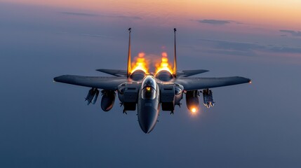 Majestic Fighter Jet in Dramatic Flight Display with Afterburners Engaged Against a Stunning Sunset Sky, Showcasing Power and Precision in Aviation