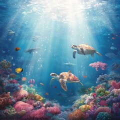 Obraz premium Colorful coral reef ecosystem with sea turtles and marine life exploring underwater