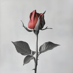 Black and white photograph of a single red rosebud against a plain background for Valentine's Day.