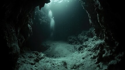 Obraz premium Delve Into the Mysterious Underwater Cavern: A Haunting Exploration of Shadowy Depths Filled with Ominous Silence and Ancient Secrets Below the Surface