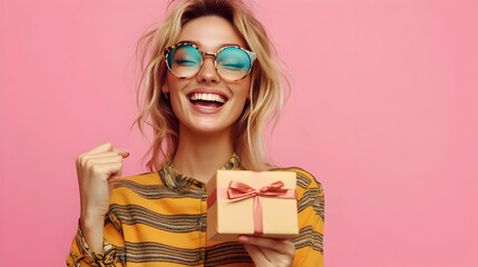 Obraz premium Woman Joyfully Receives Gift Against Pink Background