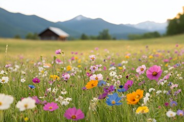 Fototapeta premium Vibrant wildflower field with distant mountains and rustic cabin during golden hour