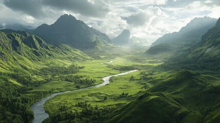 Obraz premium A Majestic Lush Green Valley with a Winding River Surrounded by Mountains Under a Dramatic Sky