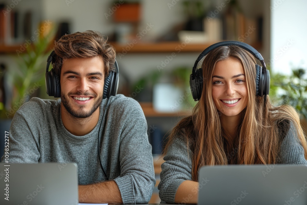 Poster call center colleagues in a hybrid work setup, blending office and remote work,