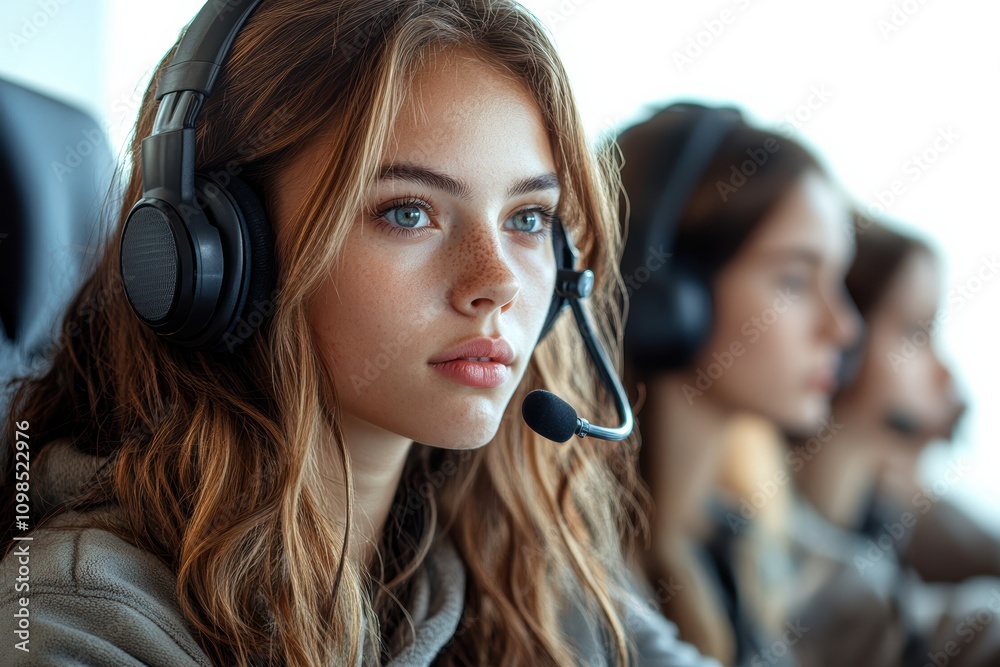 Poster call center colleagues using modern technology, with digital screens and tools