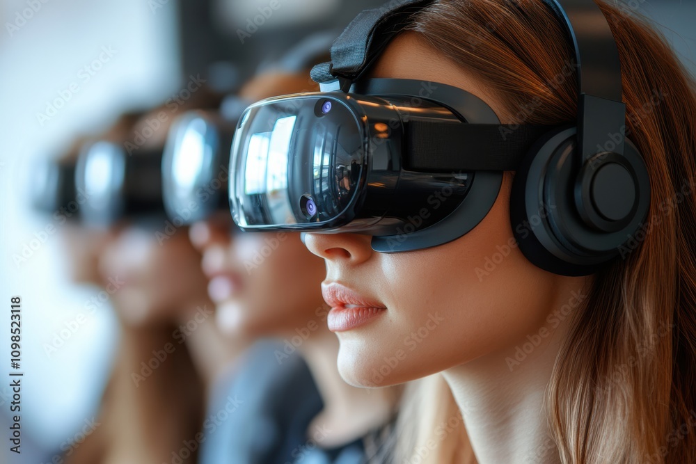 Poster Call center colleagues with virtual reality headsets, focusing on tech-driven support,