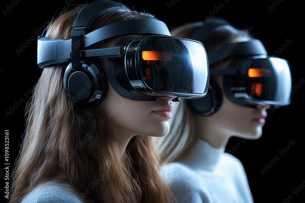 Aufkleber Call center colleagues with virtual reality headsets, focusing on tech-driven support,