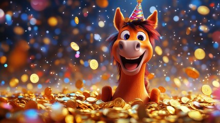 Naklejka premium Colorful Cartoon Horse Celebrating with Coins and Party Hat Surrounded by Sparkling Confetti for Joyful Imagery and Festive Themes