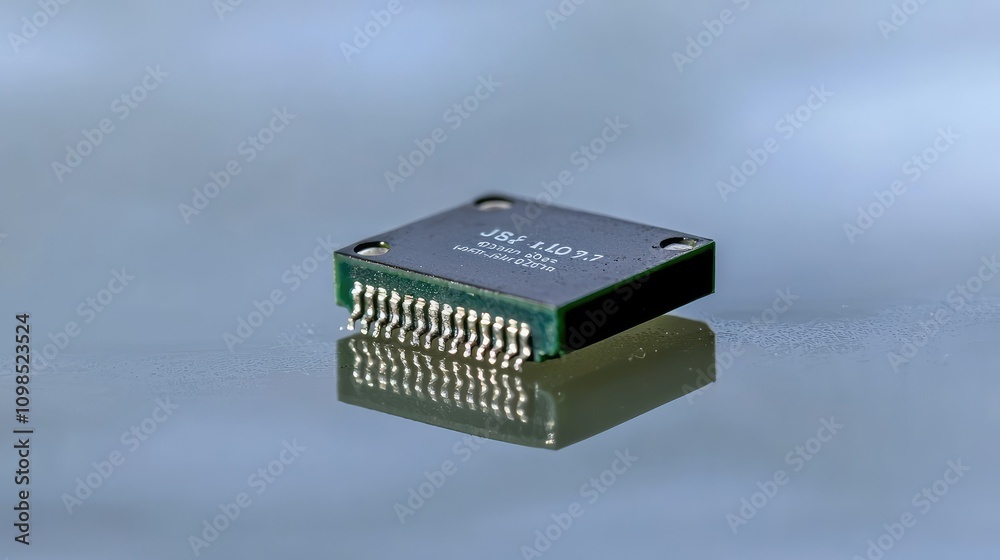 Poster close-up of a microchip resting on a reflective surface with intricate circuitry details captured in