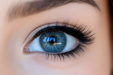 Obraz premium Captivating close up of a blue eye with long lashes and soft makeup under natural light