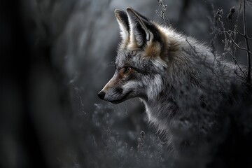Fototapeta premium a shy fox hiding in the woods from the scary gunshots