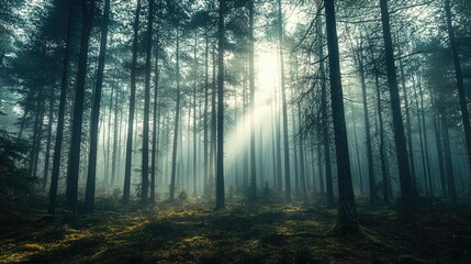 Obraz premium Enigmatic Foggy Forest Scene with Majestic Tall Trees and Sunlight Piercing Through the Dense Mist for a Mysterious Atmosphere