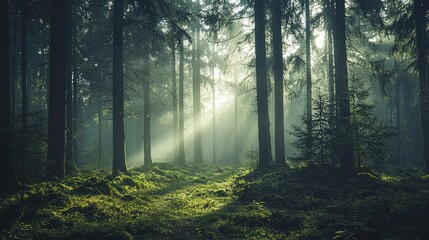 Obraz premium Mysterious Fog-Covered Forest with Tall Trees Illuminated by Soft Rays of Light Creating an Enigmatic Atmosphere in Nature