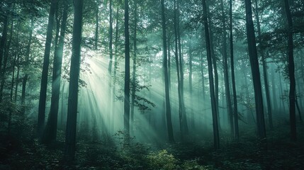 Fototapeta premium Mysterious Fog-Covered Forest with Tall Trees Illuminated by Sunlight Streaming Through Dense Foliage Creating an Ethereal Atmosphere of Tranquility and Wonder