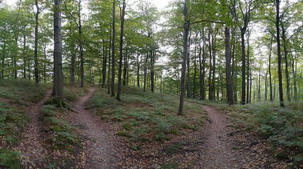 Obraz premium Panoramic View of a Dense Forest with Winding Trails Under a Canopy of Greenery, Perfect for Nature Lovers and Outdoor Enthusiasts Seeking Serenity