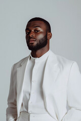 Obraz premium A man in a white suit stands confidently in front of a camera.