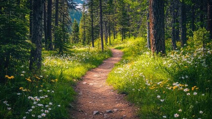 Obraz premium A Serene Trail Through a Lush Forest Full of Vibrant Spring Flowers Inviting Nature Lovers to Explore the Peaceful Wilderness Oasis