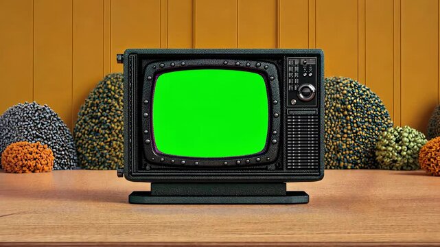 Vintage television showing green screen on wooden desk