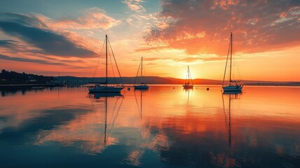 Serene Sunset Over a Calm Bay with Sailboats Reflecting in Tranquil Waters, Creating a Picturesque Evening Scene