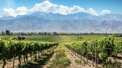Scenic Vineyard Landscape with Rows of Lush Vines Leading Toward Majestic Mountains and Figuring Dramatic Cloudy Sky in a Picturesque Setting