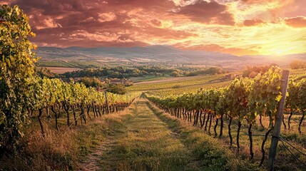 Fototapeta premium Serene Vineyard Landscape with Rows of Vines Under a Majestic Sunset Sky in Maka, Capturing the Beauty of Nature and Agriculture