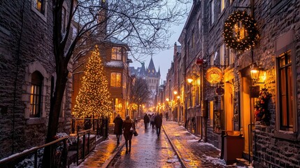 Fototapeta premium Warm Lights Illuminate a Historic City Alley at Dusk, Highlighting the Charm of Quiet Winter Evenings in Maka's Enchanting Streets