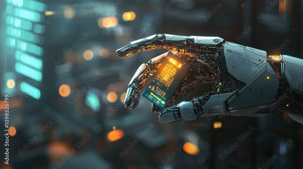 Poster a robotic hand holding a tiny processor chip in a futuristic urban setting with a glowing interface 