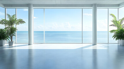 Fototapeta premium Ocean View Minimalist Room, Serene Coastal Interior Design with Floor-to-Ceiling Windows Showcasing a Stunning Seascape on a Sunny Day