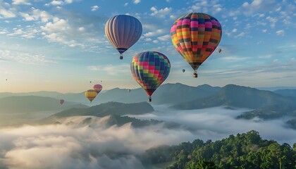 Fototapeta premium Hot air balloons flying over the mountains at sunrise, Chiang Mai, Thailand