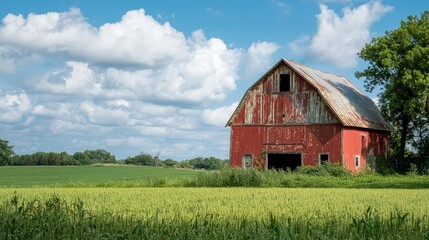 Obraz premium Rustic Red Barn with Peeling Paint Surrounded by Lush Green Fields Under a Blue Sky with Fluffy Clouds in a Peaceful Countryside Setting