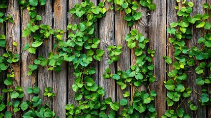 Fototapeta premium Rustic Wooden Fence Overgrown with Lush Green Vines Creating a Serene and Natural Outdoor Atmosphere in a Tranquil Environment